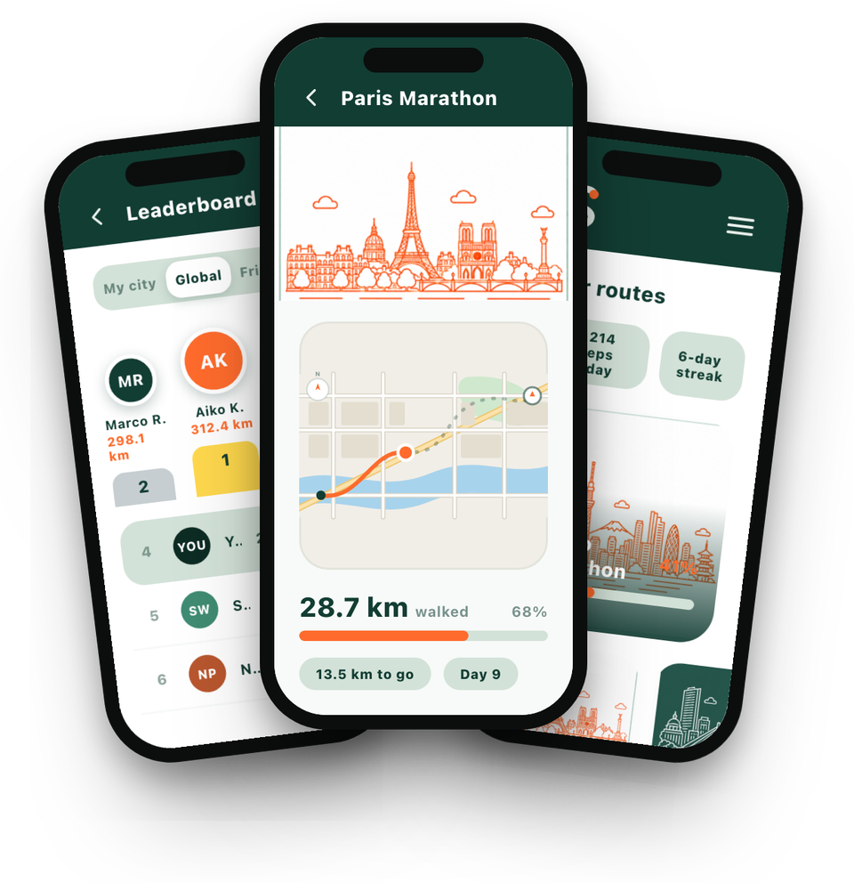 Strider app screens: a route in progress, a leaderboard and the routes list